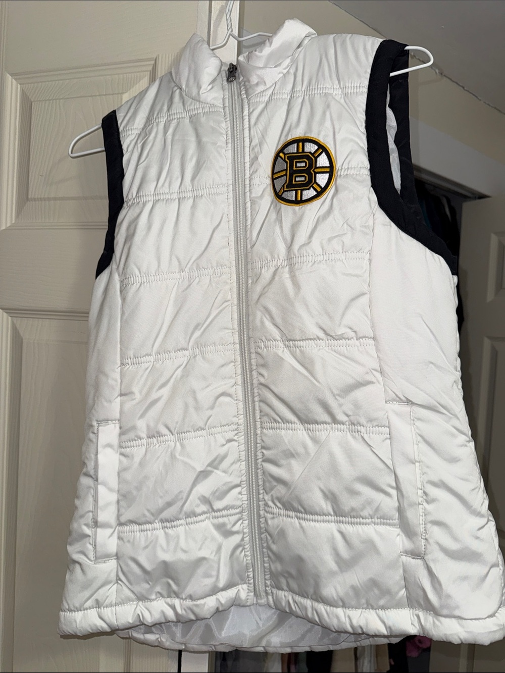NHL White Quilted Vest with Black Trim and Boston Bruins Patch